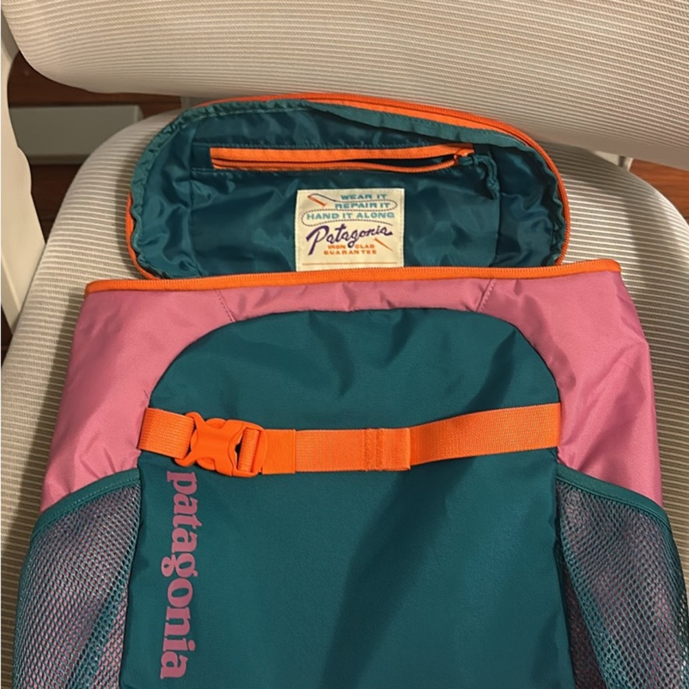 Patagonia Teal and Pink Kids Backpack with Orange Trim